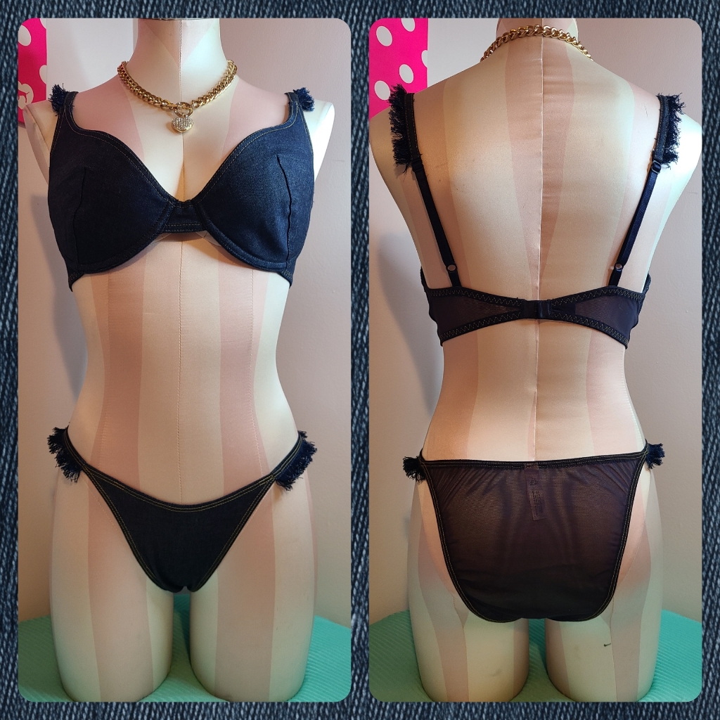 Rare Vtg Victoria's Secret Denim Fringe Bra/ Panty Set Size 34c/Sm